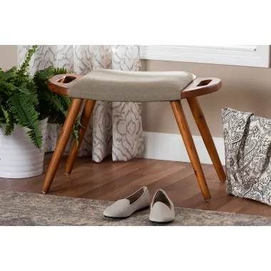 Baxton Studio Banner Mid-Century Modern Light Brown Fabric Upholstered and Oak Brown Finished Wood Accent Bench - Lifestyle