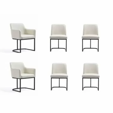 Manhattan Comfort Modern Serena 6 Piece Dining Set Upholstered in Leatherette with Steel Legs In Cream