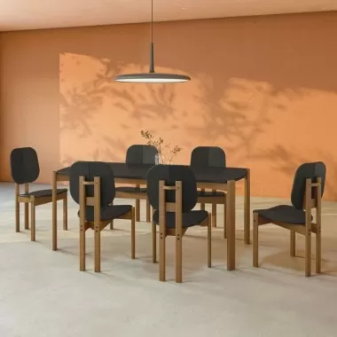 Manhattan Comfort Mid-Century Modern Gales 70.87 Dining Table with Solid Wood Legs - Set of 7 Black