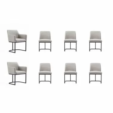 Manhattan Comfort Modern Serena 8 Piece Dining Set Upholstered in Leatherette with Steel Legs In Light Grey