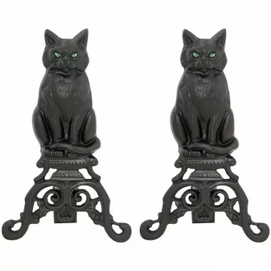 Mr. Bar-B-Q UniFlame® Black Cast Iron Cat Andirons with Reflective Glass Eyes