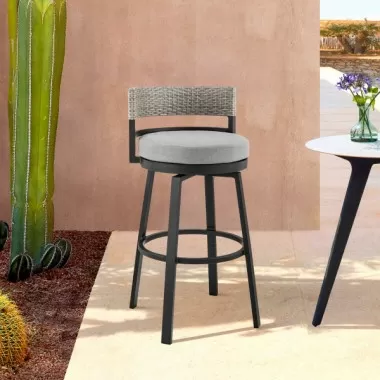 Armen Living Encinitas Outdoor Patio Counter or Bar Height Bar Stool in Aluminum with Wicker and Grey Cushions 