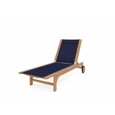 Hi Teak Furniture Elie Teak Outdoor Reclining Sun Lounger in Blue with Wheels - Angled