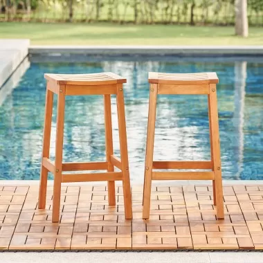 Vifah Olina Honey Eucalyptus Wooden Outdoor Dining Stool (2pcs), Front Angle