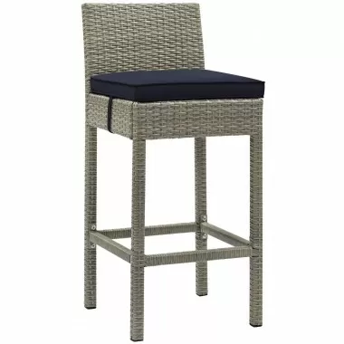 Modway Conduit Outdoor Patio Wicker Rattan Bar Stool in Light Gray Navy - Front Side Angle
