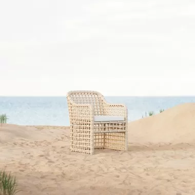 Azzurro Kiawah Dining Chair With Matte White Aluminum Frame and Almond All-Weather Wicker - Lifestyle
