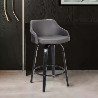 Armen Living Alec 26" Counter Height Swivel Grey Faux Leather and Black Wood Bar Stool