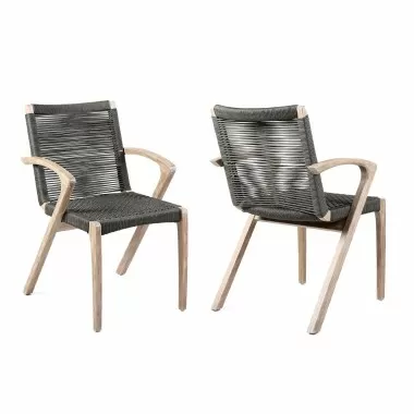 Brielle Outdoor Patio Eucalyptus Wood Dining Chairs in Dark Finish with Charcoal Rope - Set of 2