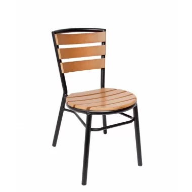 Norden Stacking Side Chair - Synthetic Teak Slats - Black Powder Coat Aluminum Frame