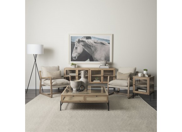 Mercan Arelius Light Brown Wood Black Metal Base w/ 4 Glass Cabinet Doors Sideboard Room View