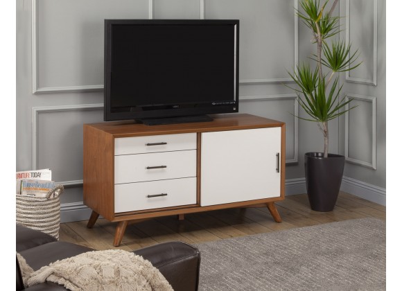 Alpine Furniture Flynn Small TV Console, Acorn/White - Front Side Angle - Lifestyle