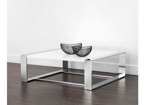 Sunpan Dalton Coffee Table - Square in High Gloss White and Stainless Steel Frame - Lifestyle