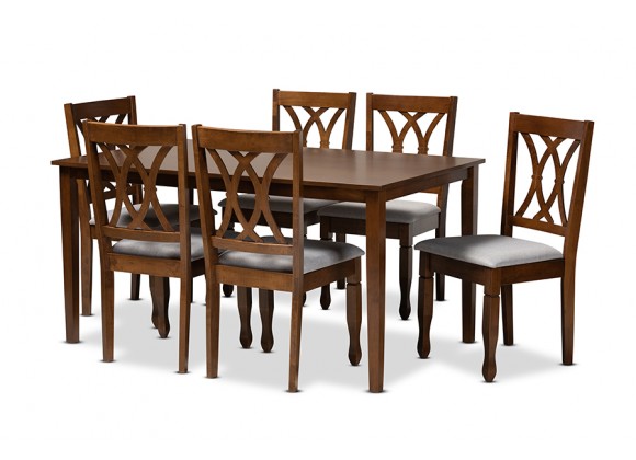Augustine Modern and Contemporary Grey Fabric Upholstered and Walnut Brown Finished Wood 7-Piece Dining Set - White BG