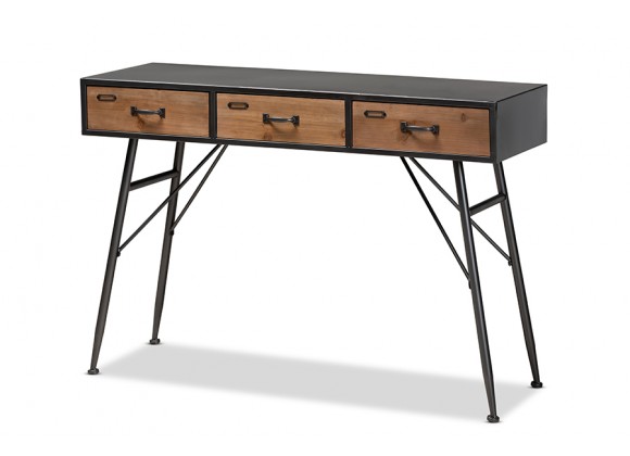 Ariana Modern and Contemporary Industrial Black and Oak Brown Finished Wood 3-Drawer Metal Console Table - Angled