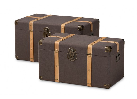 Stephen Modern and Contemporary Transitional Dark Brown Fabric Upholstered and Oak Brown Finished 2-Piece Storage Trunk Set 