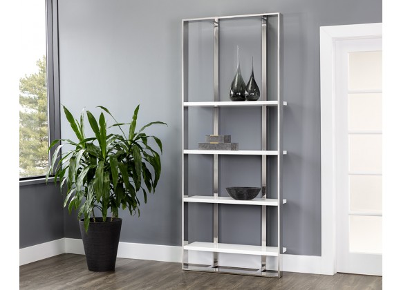Sunpan Dalton Stainless Steel Bookcase In High Gloss White - Lifestyle