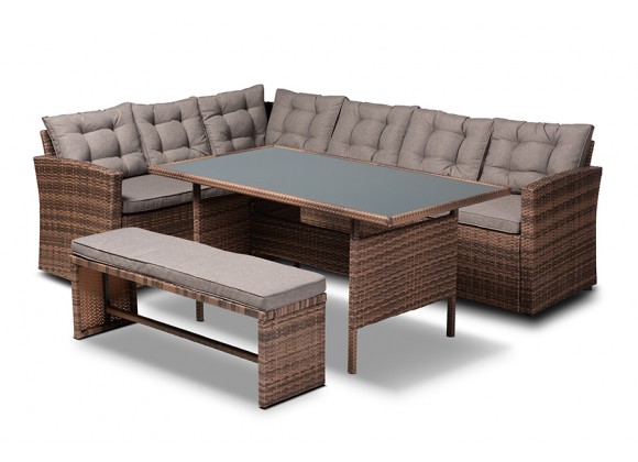 Angela Modern and Contemporary Grey Fabric Upholstered and Brown Finished 4-Piece Woven Rattan Outdoor Patio Set