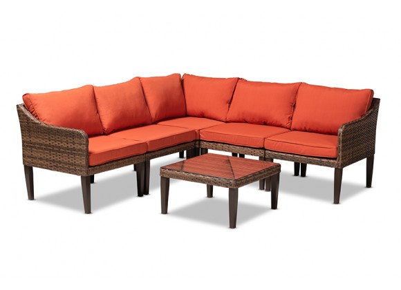 Breida Modern and Contemporary Orange Fabric Upholstered and Brown Finished 6-Piece Woven Rattan Outdoor Patio Set