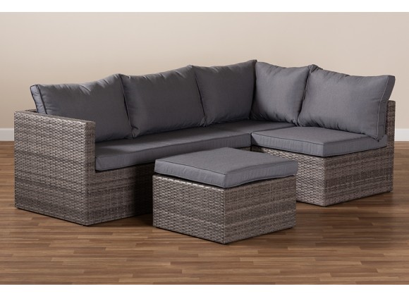 Pamela Modern and Contemporary Grey Polyester Upholstered and Brown Finished 4-Piece Woven Rattan Outdoor Patio Set 