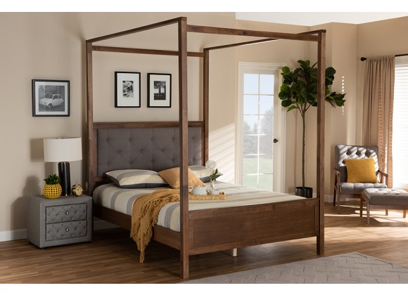 Natasha Grey Fabric Upholstered and Walnut Brown Finished Wood King Size Bed - Lifestyle