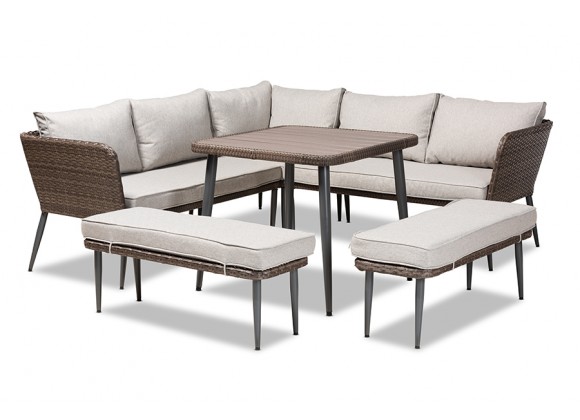 Lillian Modern and Contemporary Light Grey Upholstered and Brown Finished 5-Piece Woven Rattan Outdoor Patio Set
