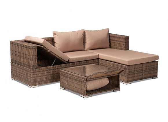 Addison Modern and Contemporary Light Brown Upholstered and Brown Finished 3-Piece Woven Rattan Outdoor Patio Set with Adjustable Recliner - White BG