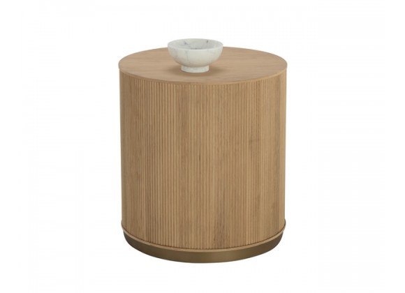 Sunpan Kalla Side Table in Rustic Oak - Front Angle with Decor