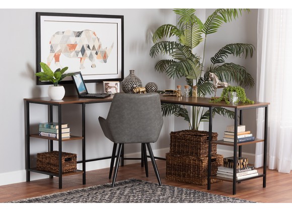 Baxton Studio Lydia Modern Walnut Brown Finished Wood and Black Metal L-Shaped Corner Desk with Shelves - Lifestyle