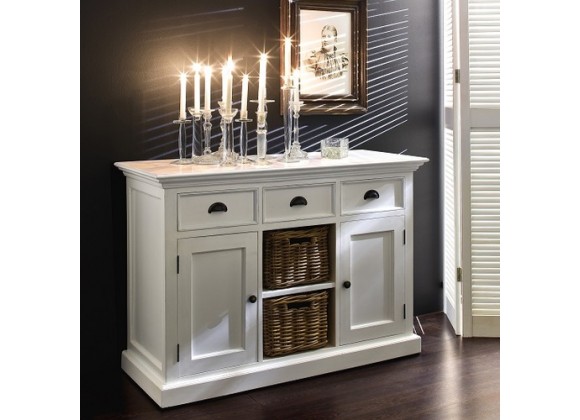 Nova Solo Halifax White Mahogany Buffet, 3 Drawers, 2 Doors and 2 Shelves w/ Rattan Baskets - Lifestyle