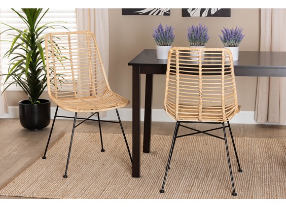 Baxton Studio Manhattan Modern Bohemian Natural Brown Rattan and Black Metal Dining Chair - Set of Two - Lifestyle