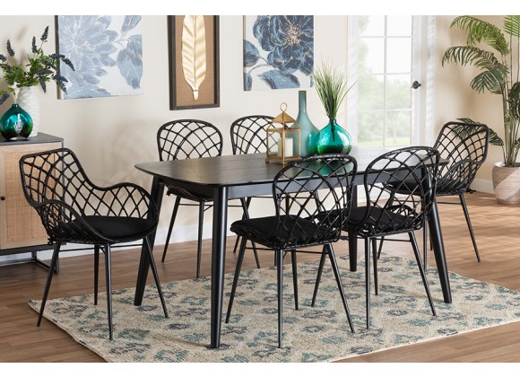 Baxton Studio Aniceta Modern Bohemian Black Finished Wood and Rattan 7-Piece Dining Set - Lifestyle