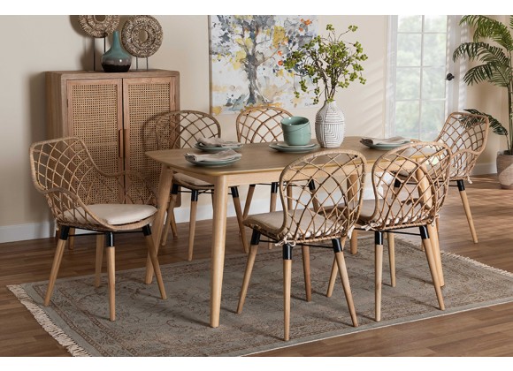 Baxton Studio Gedali Modern Bohemian Greywashed Rattan and Natural Brown Finished Wood 7-Piece Dining Set - Lifestyle