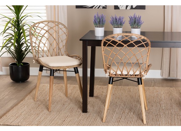 Baxton Studio Sabelle Modern Bohemian Natural Brown Finished Teak Wood and Greywashed Rattan Dining Chair - Lifestyle
