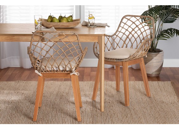 Baxton Studio Ballerina Modern Bohemian Greywashed Rattan and Natural Brown Finished Wood 2-Piece Dining Chair Set - Lifestyle