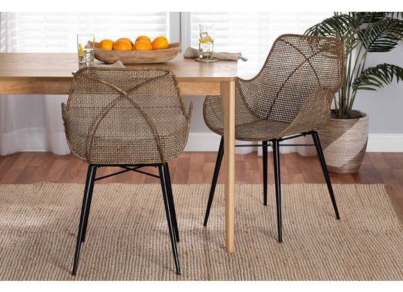 Baxton Studio Ballerina Modern Bohemian Greywashed Rattan and Black Metal 2-Piece Dining Chair Set - Lifestyle