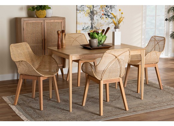 Baxton Studio Ballerina Japandi Natural Brown Mahogany Wood and Rattan 5 Piece Dining Set