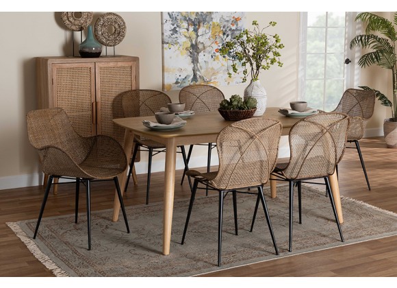 Baxton Studio Emmali Modern Bohemian Greywashed Rattan and Natural Brown Finished Wood 7-Piece Dining Set - Lifestyle
