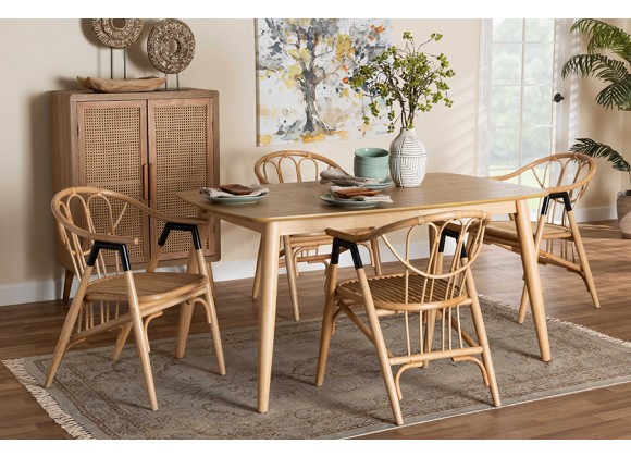 Baxton Studio Cyntia Modern Bohemian Natural Brown Finished Wood and Rattan 5-Piece Dining Set - Lifestyle