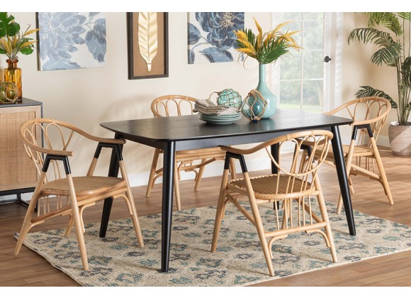 Baxton Studio Cyntia Modern Bohemian Black Finished Wood and Natural Rattan 5-Piece Dining Set - Lifestyle