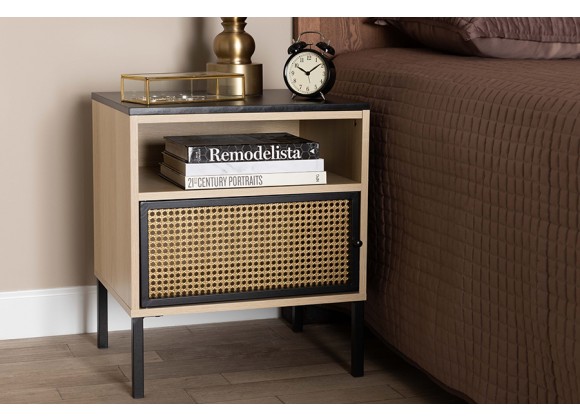 Baxton Studio Felton Mid-Century Modern Two-Tone Black and Gold Metal and Light Brown Finished Wood 1-Door End Table - Lifestyle