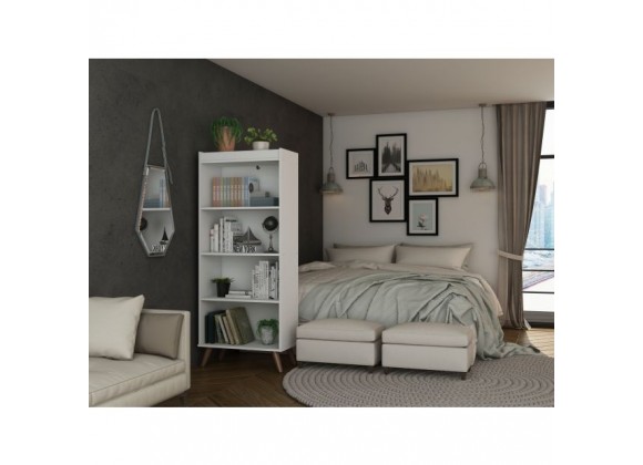 Manhattan Comfort Hampton 4-Tier Bookcase with Solid Wood Legs in White