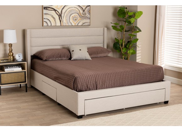 Baxton Studio Braylon Mid-Century Modern Transitional Beige Fabric and Dark Brown Finished Wood Queen Size 3-Drawer Storage Platform Bed - Lifestyle