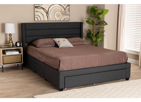 Baxton Studio Braylon Mid-Century Modern Transitional Charcoal Grey Fabric and Dark Brown Finished Wood Queen Size 3-Drawer Storage Platform Bed - Lifestyle