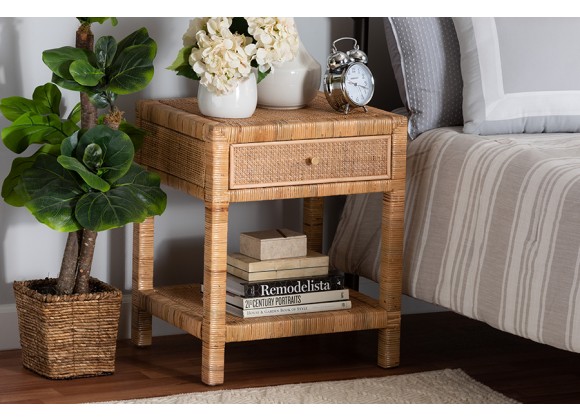 Baxton Studio Adelia Modern Bohemian Natural Rattan and Mahogany Wood 1-Drawer Nightstand - Lifestyle