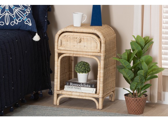 Baxton Studio Magni Modern Bohemian Natural Brown Rattan 1-Drawer Nightstand - Lifestyle