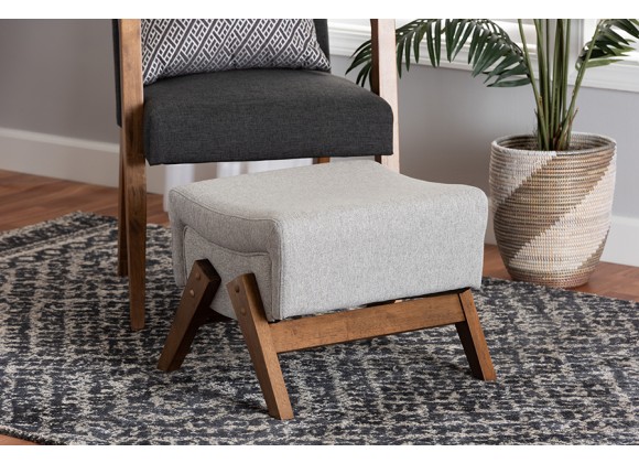 Baxton Studio Hanson Mid-Century Modern Light Grey Fabric and Walnut Brown Finished Wood Ottoman - Lifestyle