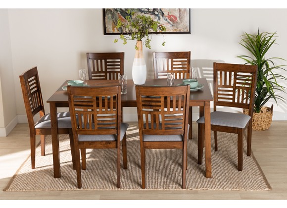 Baxton Studio Deanna Modern Grey Fabric and Walnut Brown Finished Wood 7-Piece Dining Set - Lifestyle