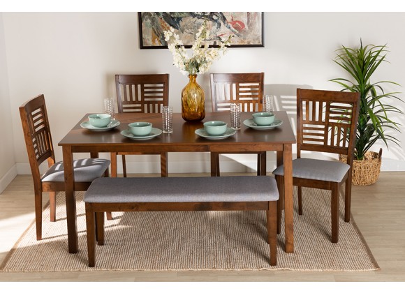 Baxton Studio Deanna Modern Grey Fabric and Walnut Brown Finished Wood 6-Piece Dining Set - Lifestyle