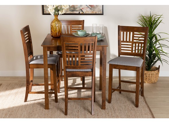 Baxton Studio Deanna Modern Grey Fabric and Walnut Brown Finished Wood 5-Piece Pub Set - Lifestyle