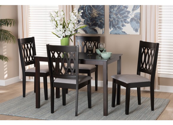 Baxton Studio Florencia Modern Grey Fabric and Espresso Brown Finished Wood 5-Piece Dining Set - Set in Front Side Angle